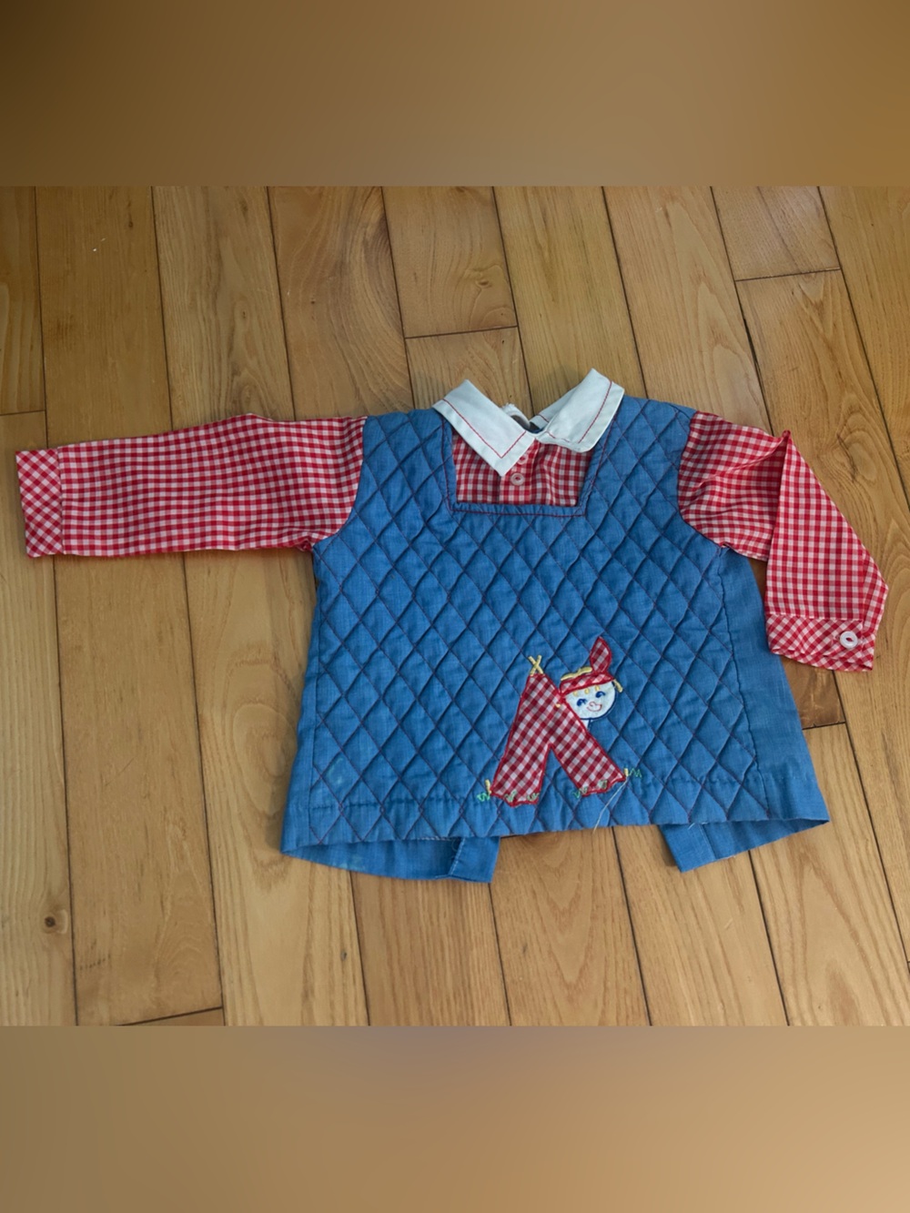 Kids Quilted Blue Sweater with Red Gingham Sleeves - Brand Unknown